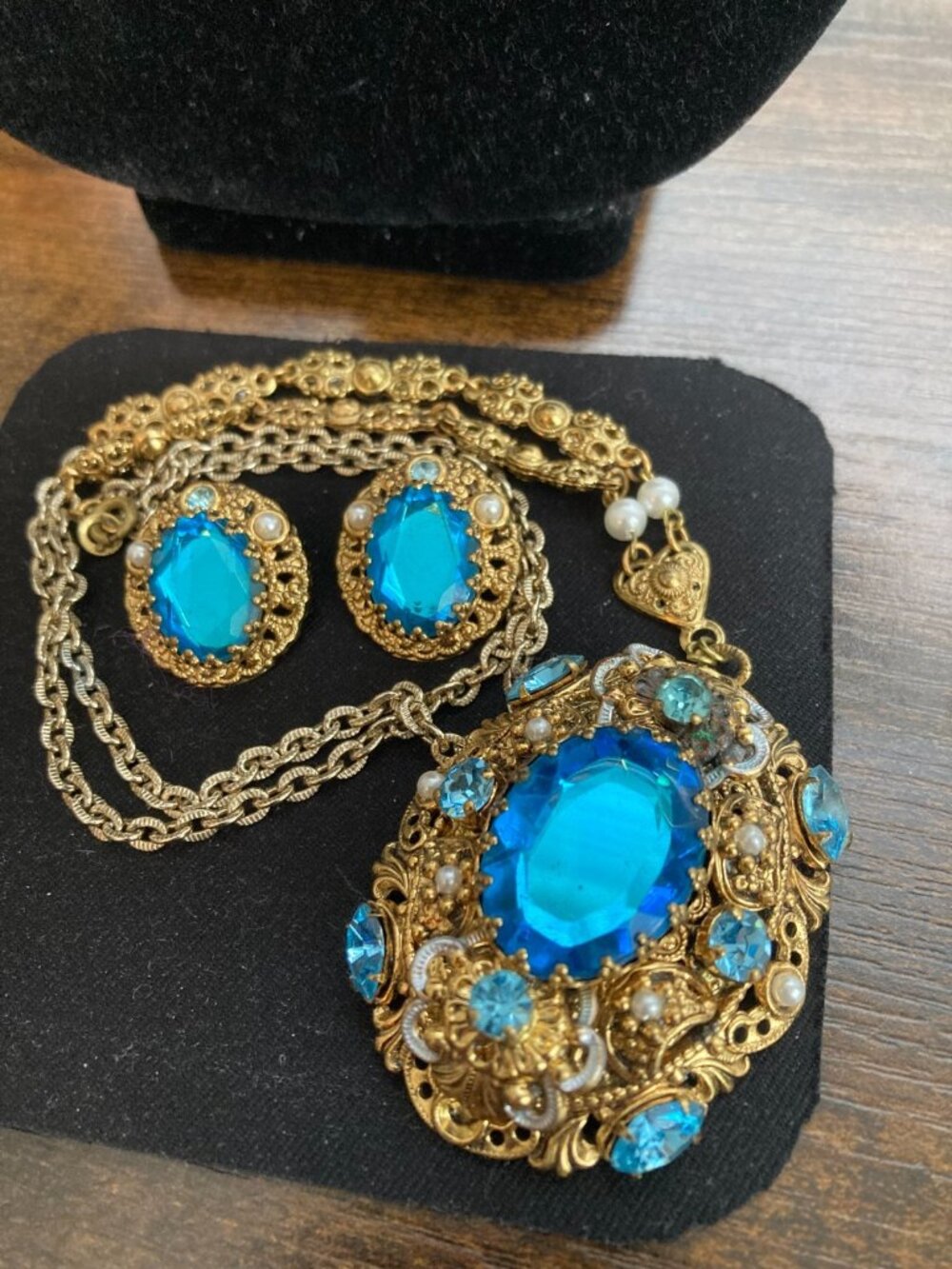Vintage German Filigree Pendant Necklace Clip Earring Set Blue Glass Faux Pearl